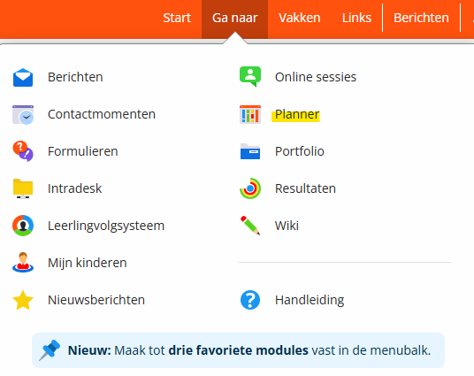 Smartschool top menu open with the "Planner" item highlighted under "Ga naar".