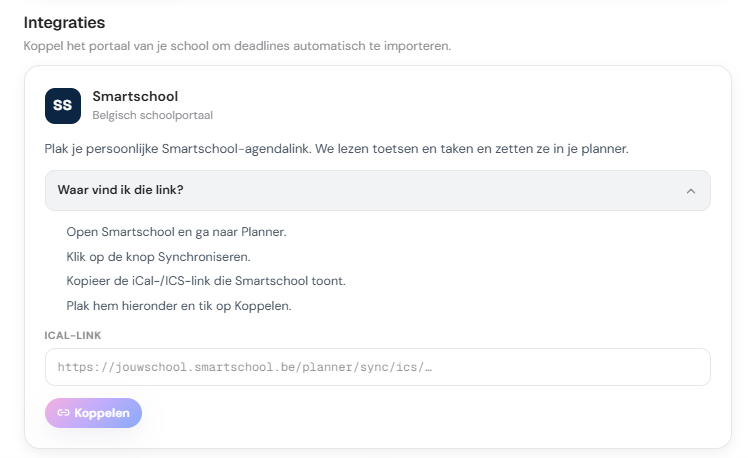 Skoolskill Integrations panel showing the Smartschool card with the iCal link input.