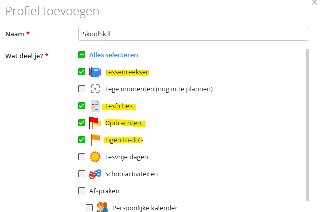 Smartschool "Profiel toevoegen" dialog with profile name "SkoolSkill" and Lessenreeksen, Lesfiches, Opdrachten and Eigen to-do's selected.