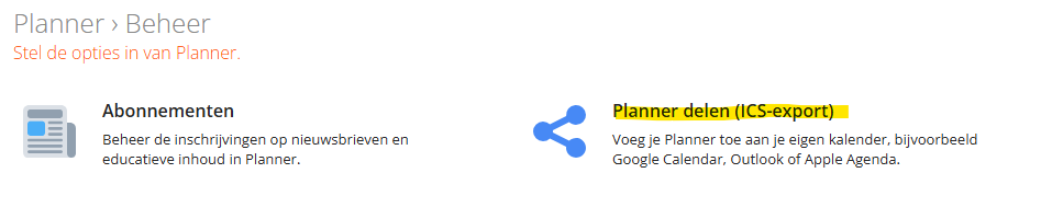 Planner › Beheer screen with the "Planner delen (ICS-export)" card highlighted.